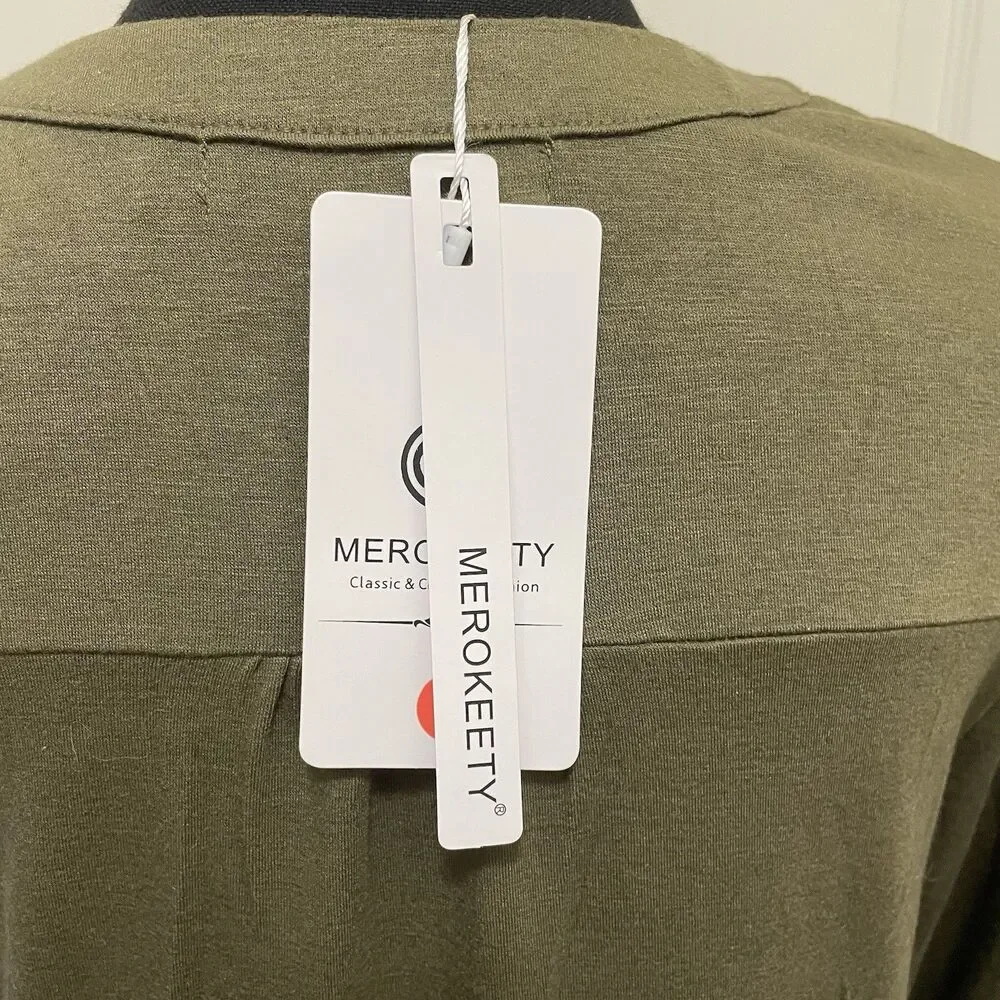 New Marokeety Long Sleeve Ruffle Midi Dress Olive V-Neck Pockets Women's‎ Small